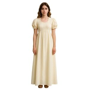 VINTAGE 70's union made butter yellow /‎ white eyelet floral maxi dress size 5